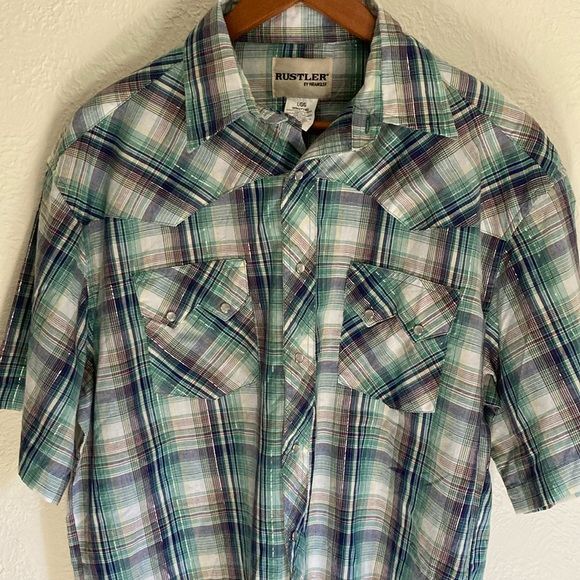 Men’s Vintage sparkle Pearl snap button up large Rustler teal blue purple cowboy - Picture 1 of 9